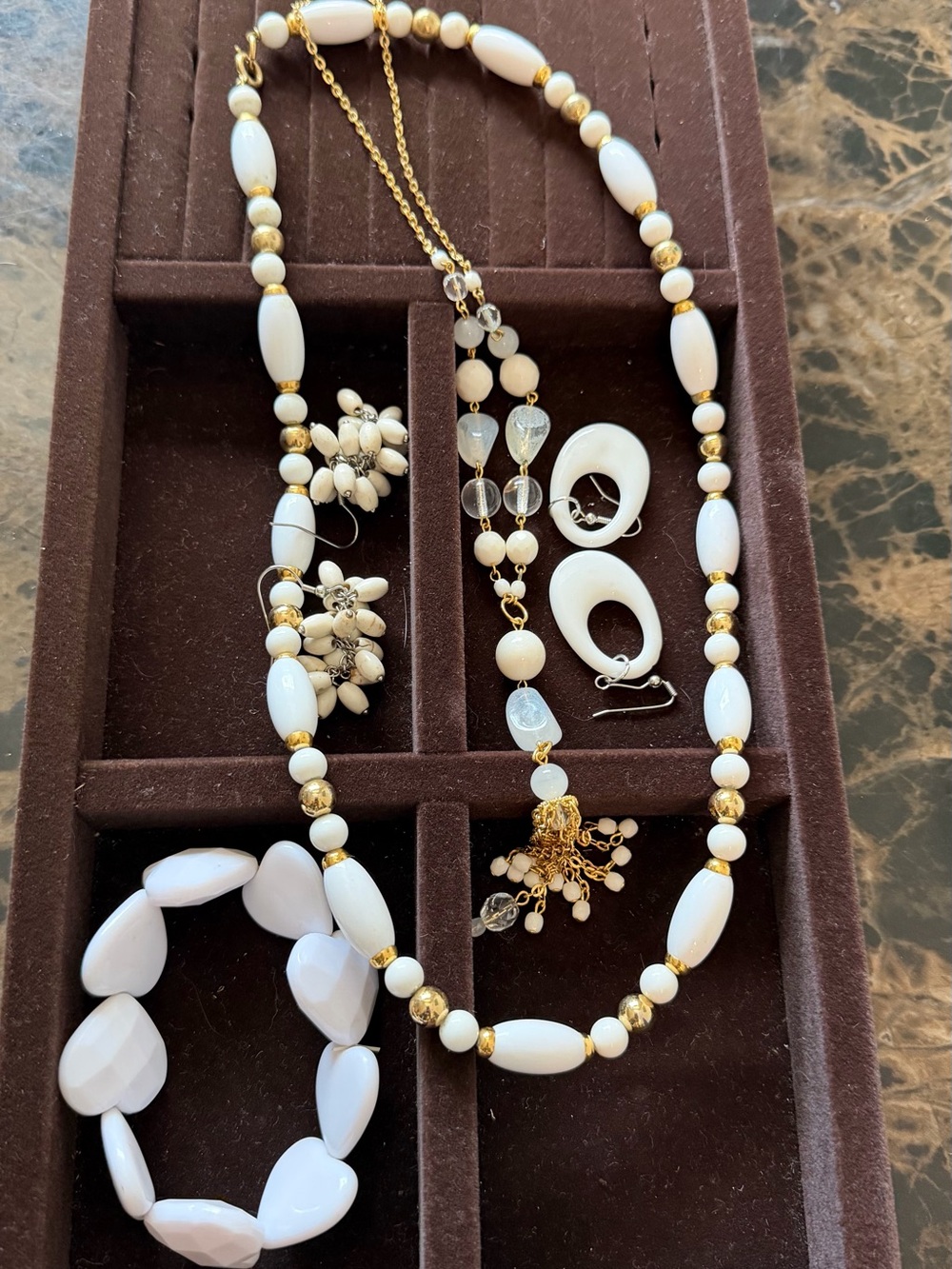 Elegant White and Gold Beaded Necklace and Earring Set